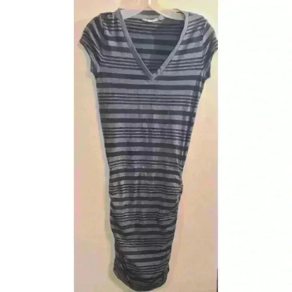 Athleta Womens TOPANGA Dress Size XXS Black Gray Striped Jersey V-Neck Ruched - Picture 2 of 10
